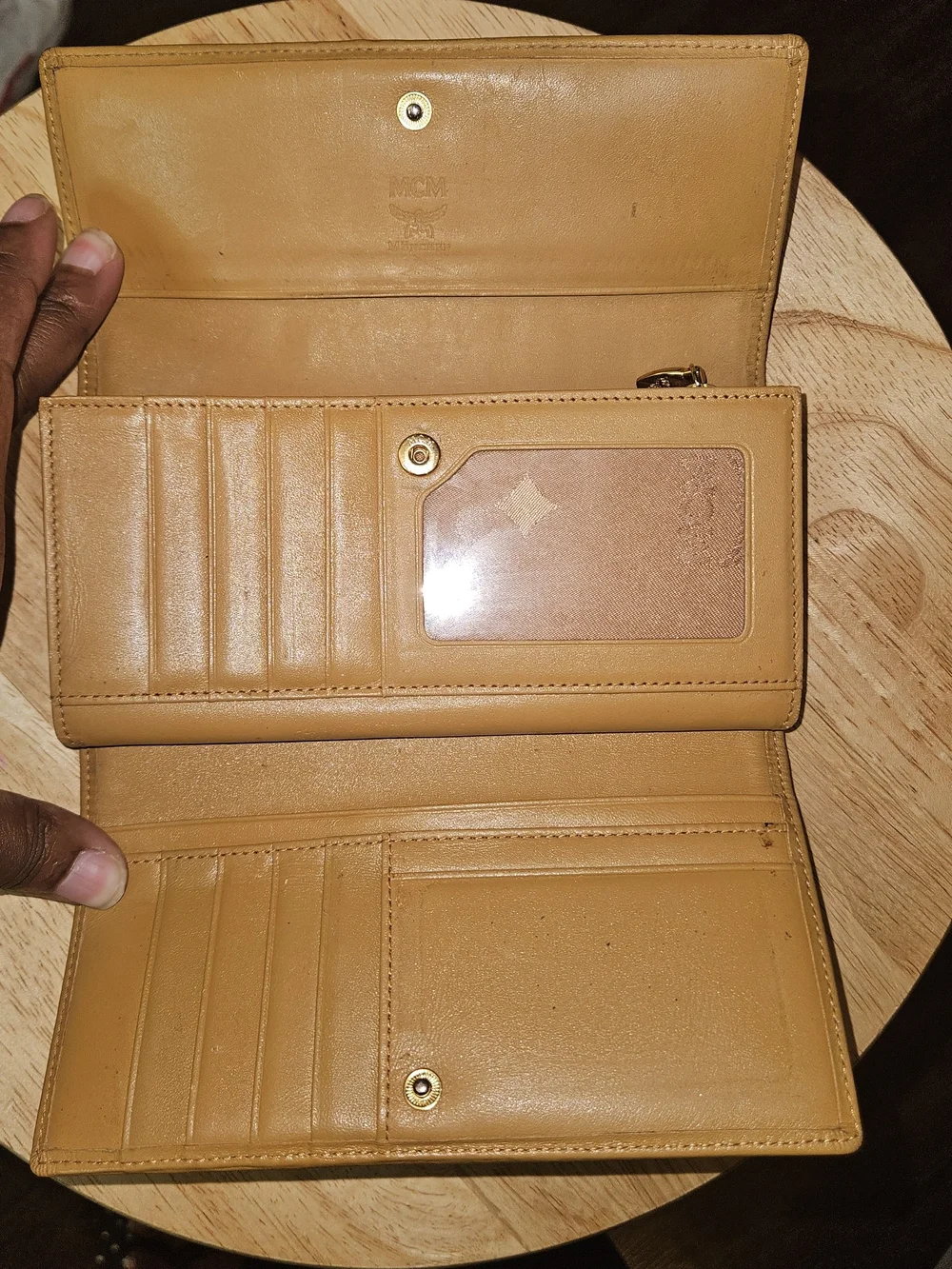 MCM Cognac Logo Trifold Wallet with Pink Stripe